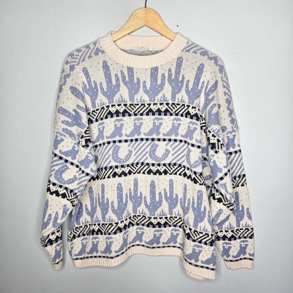 Women's Western Themed Cowboy Rodeo Print Knit Sweater XL Cactus Horseshoe Boot